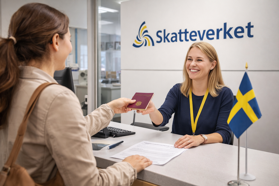 Person som flyttar till Sverige besöker Skatteverket och registrerar sig vid en servicedisk med pass och blanketter.